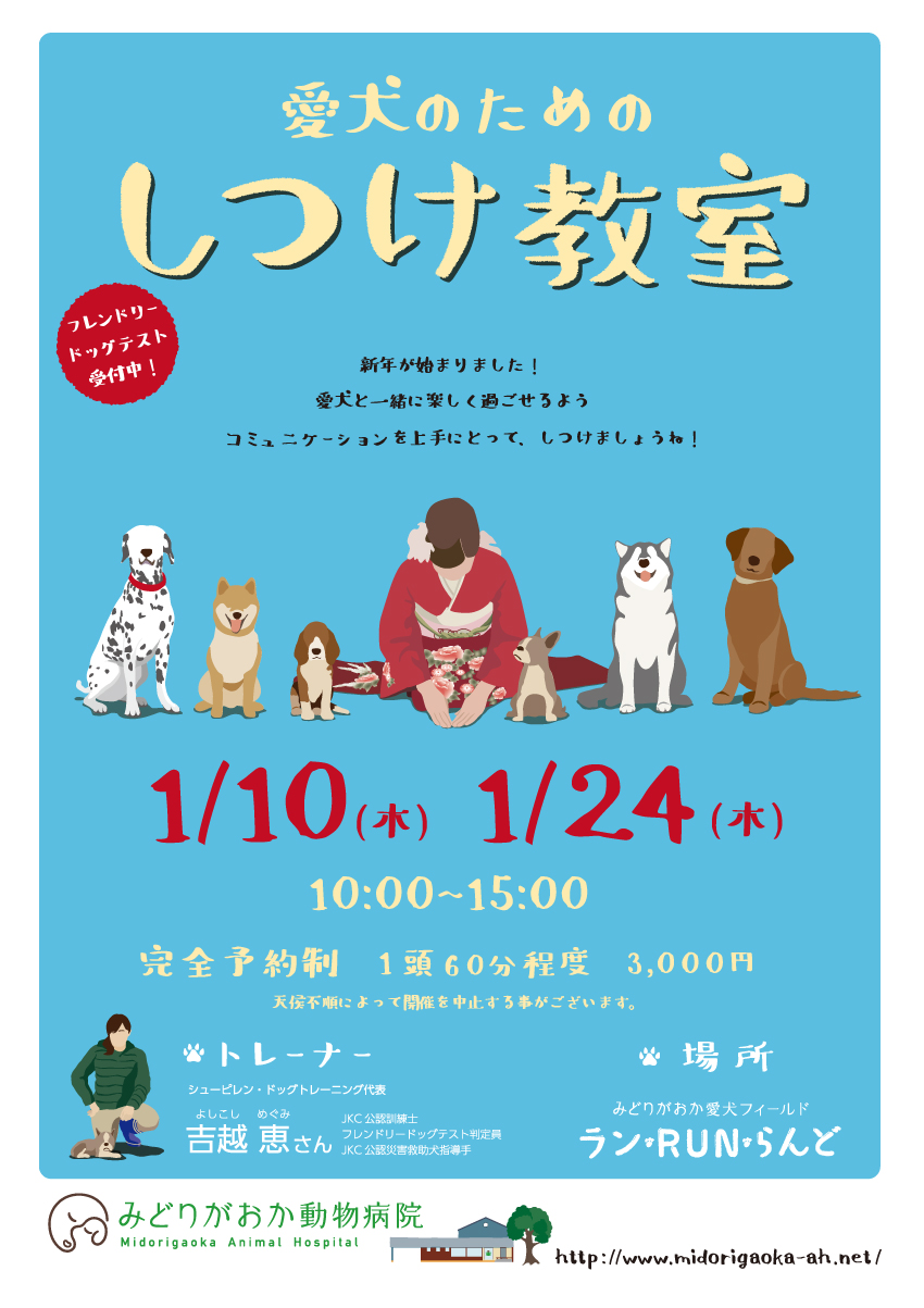 愛犬しつけ教室　2019年1月10日（木）、1月24日（木）新年が始まりました！愛犬と一緒に楽しく過ごせるようコミュニケーションを上手にとって、しつけましょうね！　北海道釧路市緑ヶ岡のみどりがおか動物病院