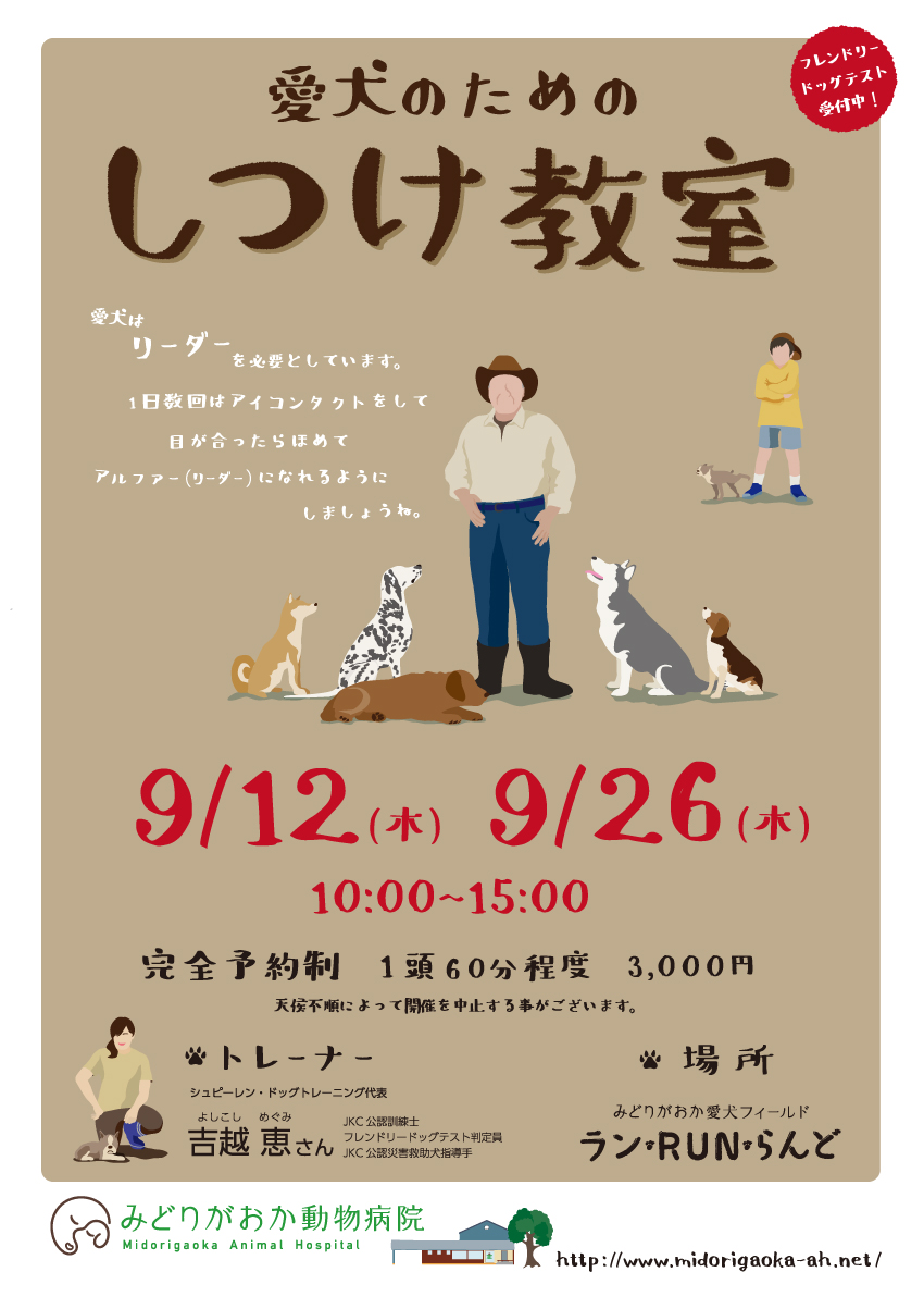 愛犬しつけ教室　2019年9月12日（木）、9月26日（木）愛犬はリーダーを必要としています。
１日数回はアイコンタクトをして目が合ったらほめて
アルファー（リーダー）になれるようしましょうね。　北海道釧路市緑ヶ岡のみどりがおか動物病院