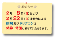 お知らせ
2月８日（日）及び
2月22日（日）は都合により
病院及びドッグランは
休診・休園とさせていただきます。